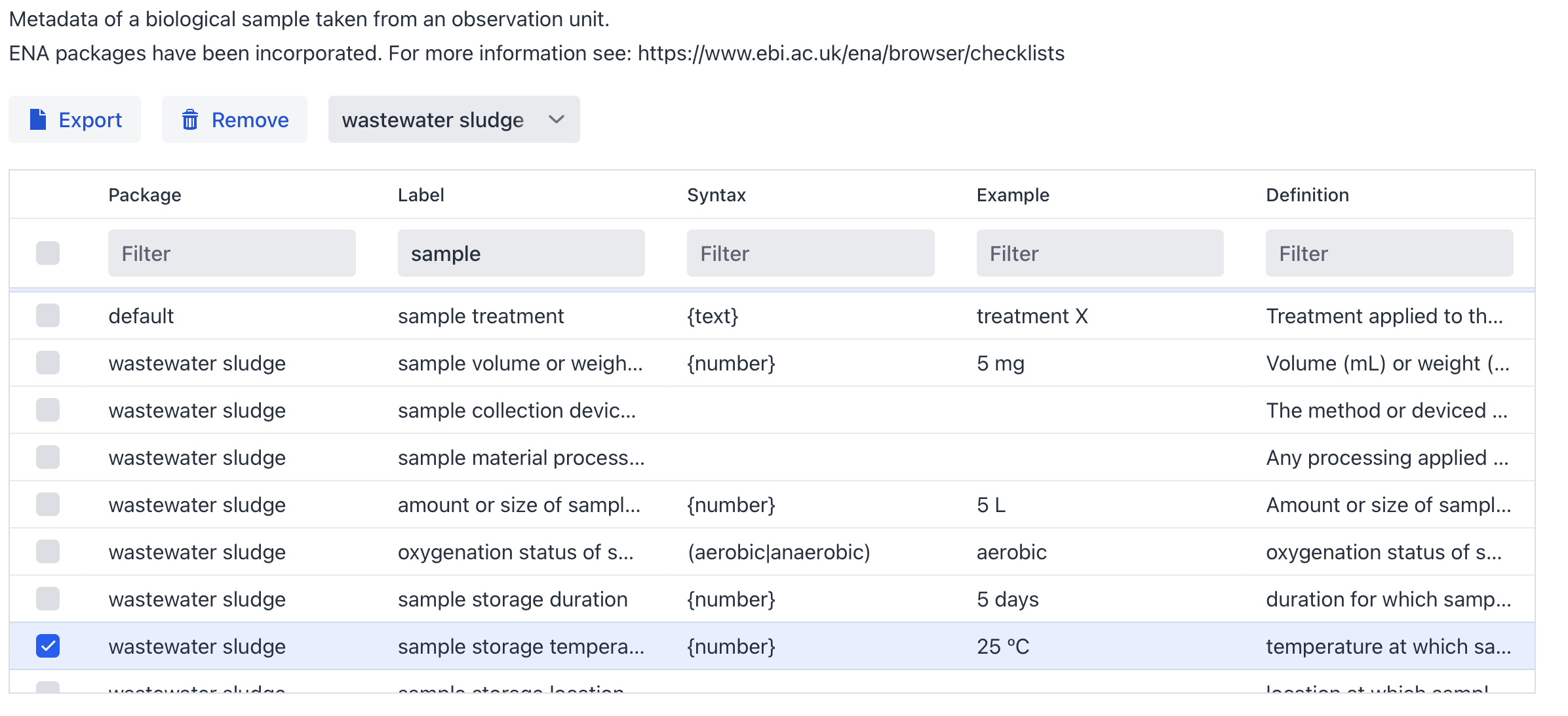 Sample metadata selection